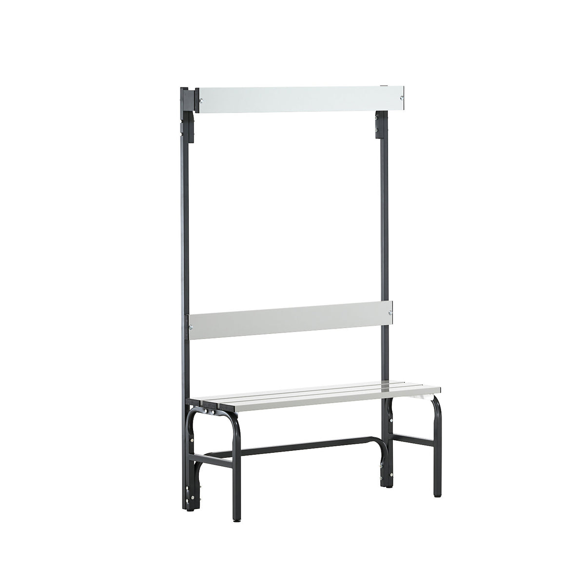 Changing room bench with backrest, single-sided, HxD 1650 x 375 mm, length 1015 mm, 3 hooks, charcoal.