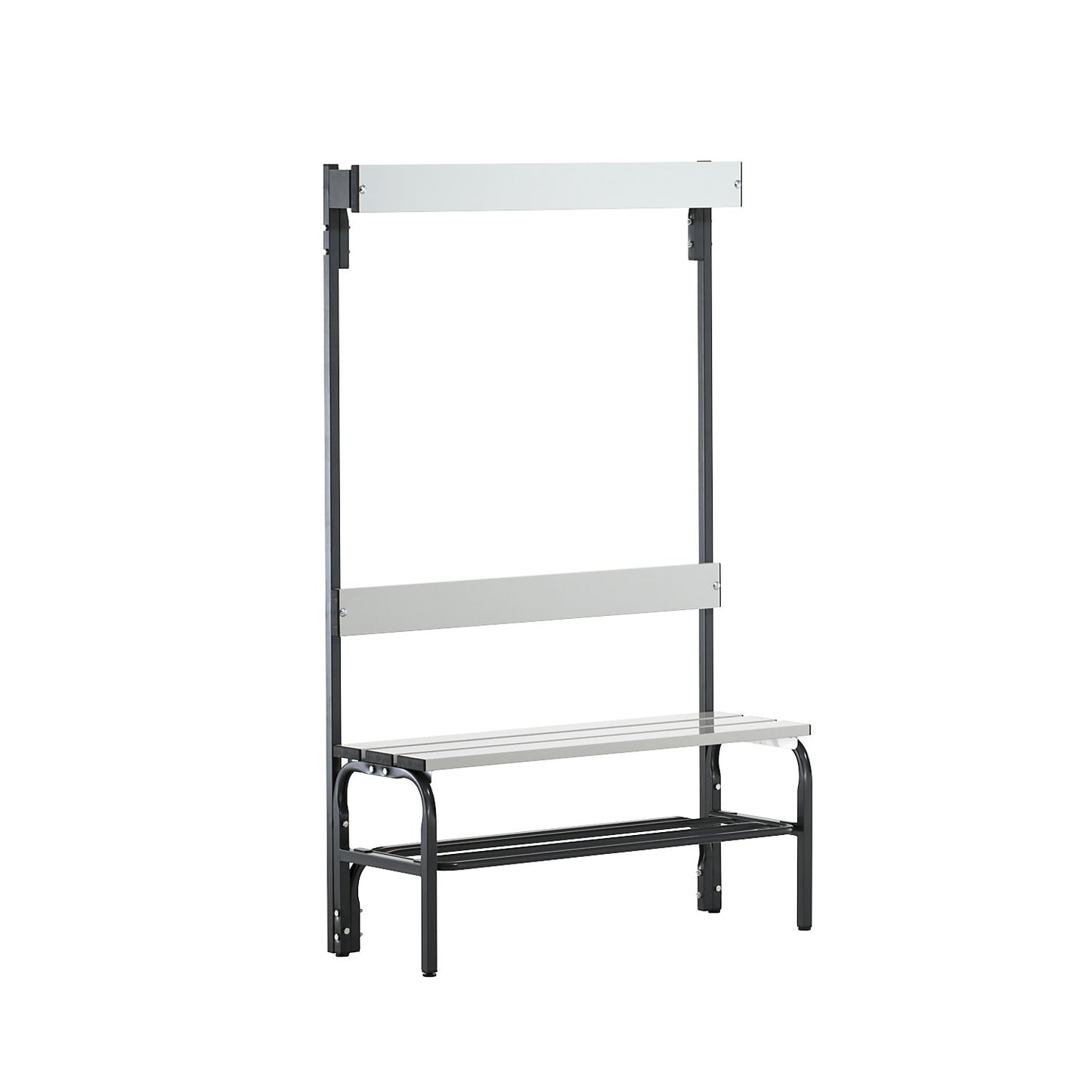 Changing room bench with aluminium slats, HxD 1650 x 375 mm, single sided, length 1015 mm, 3 hooks, charcoal, shoe rack.