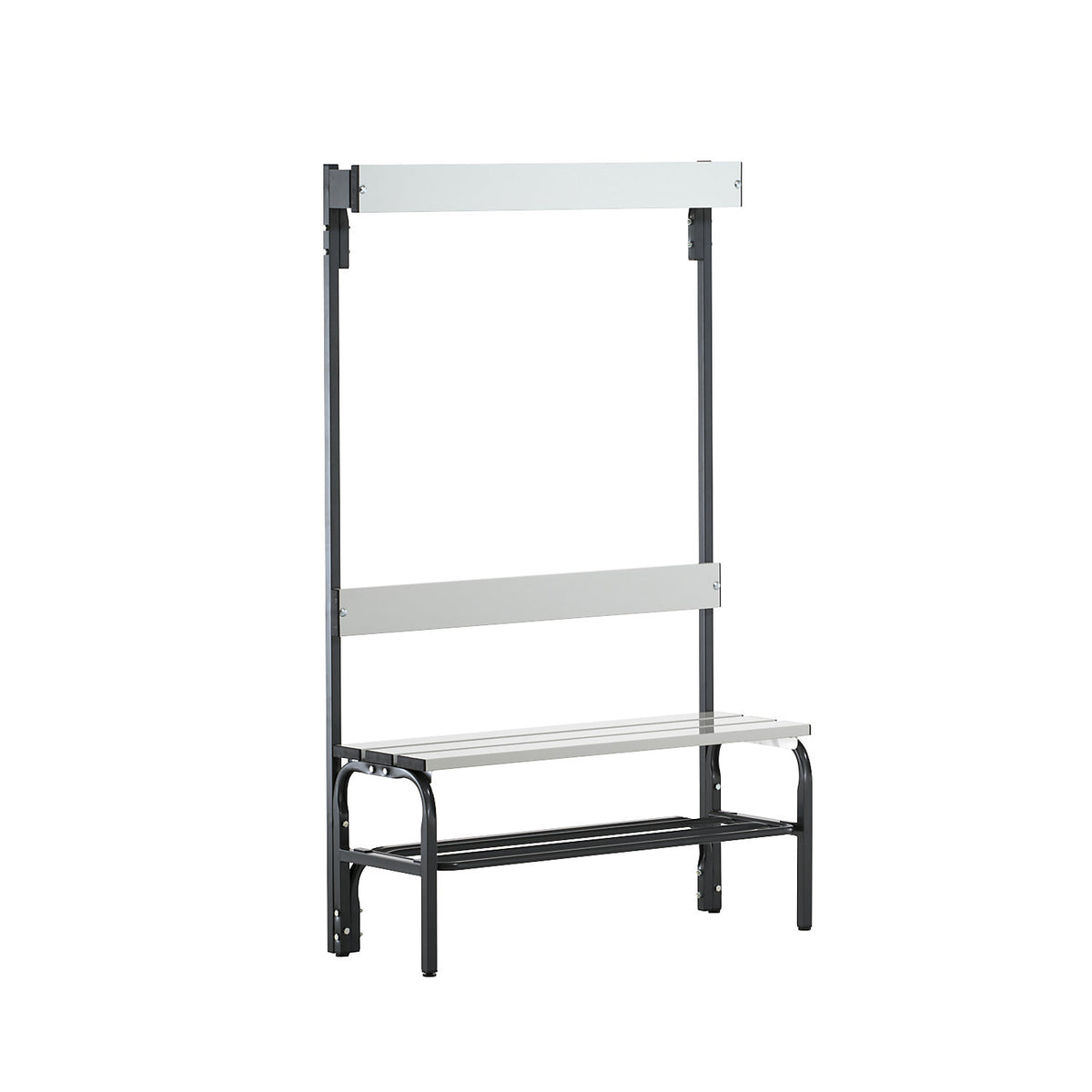 Changing room bench with backrest, single-sided, HxD 1650 x 375 mm, length 1015 mm, 3 hooks, charcoal, shoe rack.