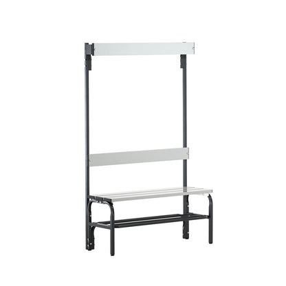 Changing room bench made of stainless steel, HxD 1650 x 375 mm, length 1015 mm, 3 hooks, charcoal, shoe rack.