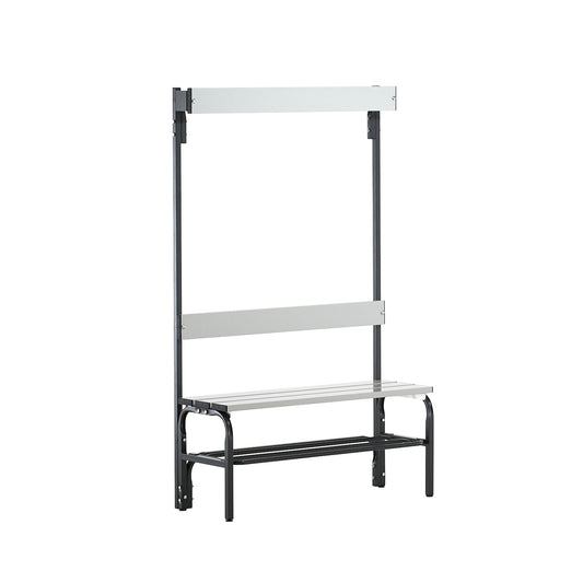 Changing room bench made of stainless steel, HxD 1650 x 375 mm, length 1015 mm, 3 hooks, charcoal, shoe rack.