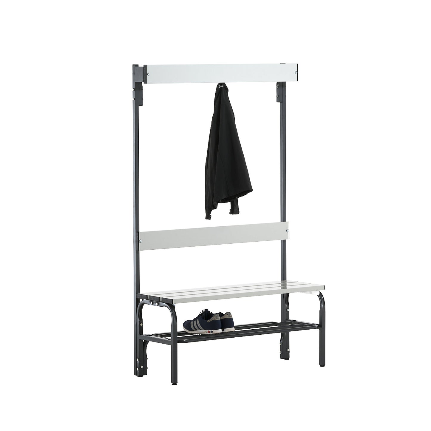 Changing room bench made of stainless steel, HxD 1650 x 375 mm, length 1015 mm, 3 hooks, charcoal, shoe rack.