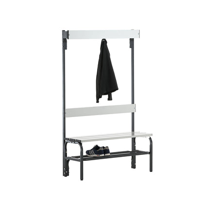 Changing room bench made of stainless steel, HxD 1650 x 375 mm, length 1015 mm, 3 hooks, charcoal, shoe rack.
