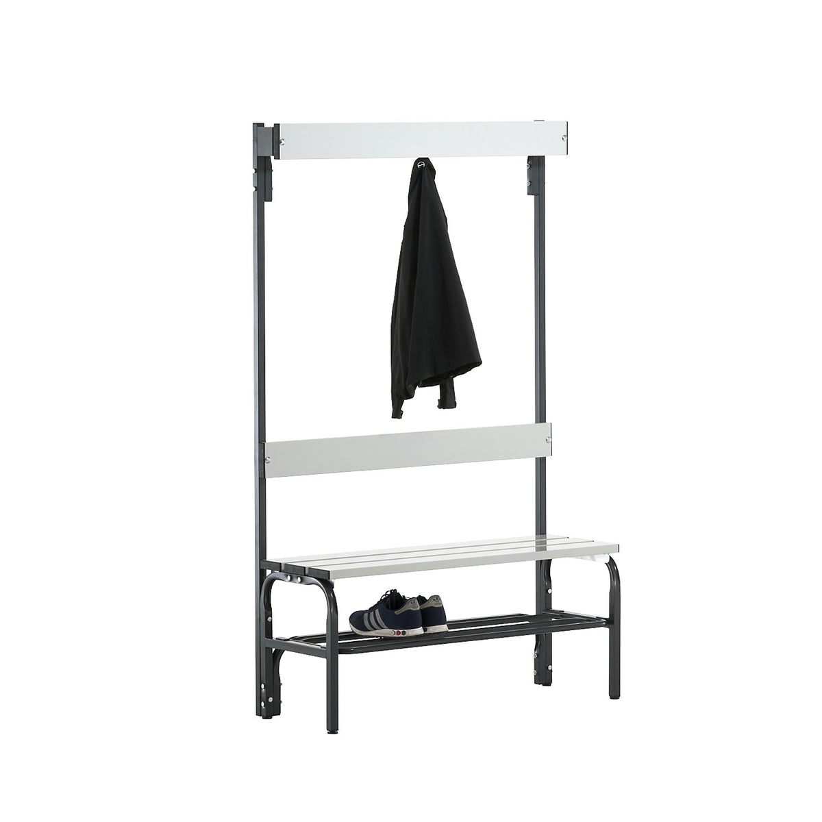 Changing room bench with backrest, single-sided, HxD 1650 x 375 mm, length 1015 mm, 3 hooks, charcoal, shoe rack.