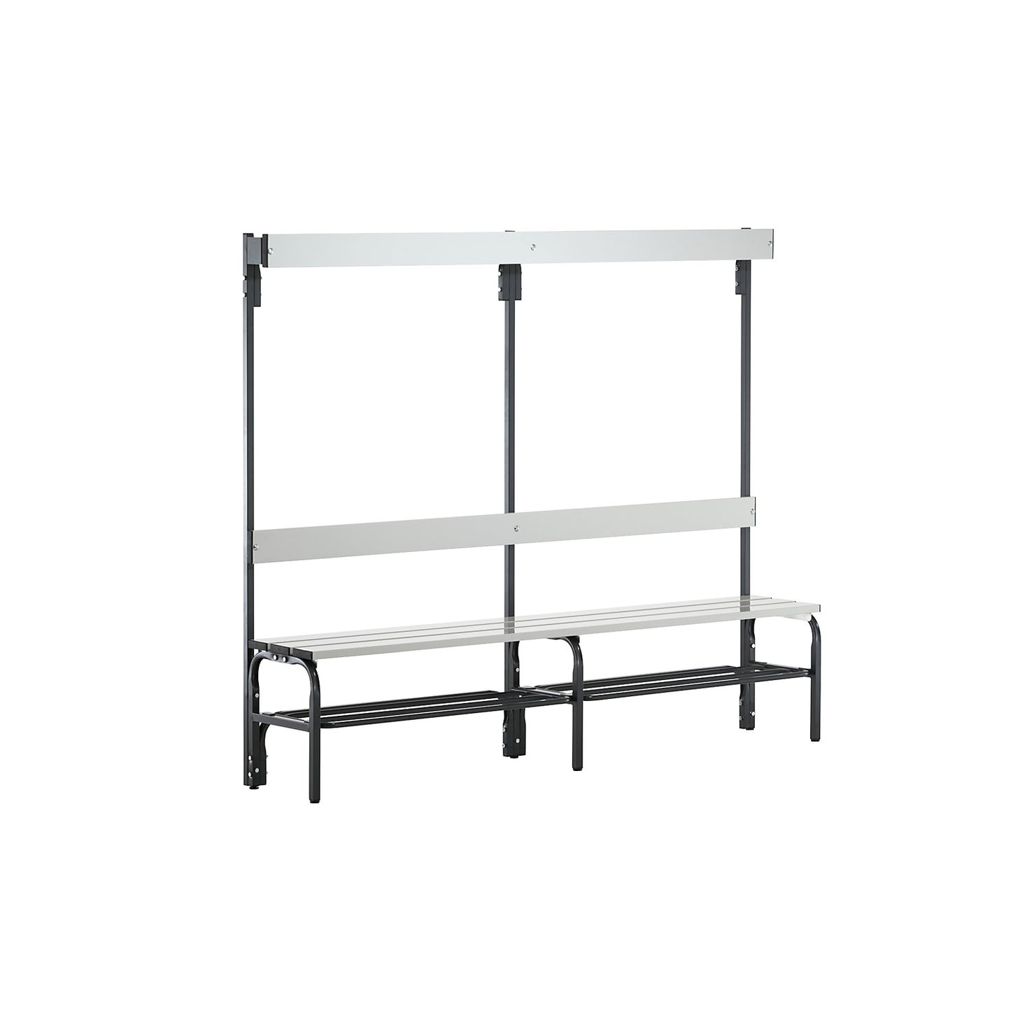 Changing room bench with aluminium slats, HxD 1650 x 375 mm, single sided, length 1500 mm, 6 hooks, charcoal, shoe rack.