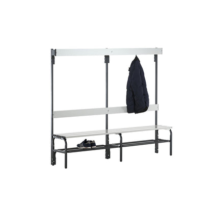 Changing room bench made of stainless steel, HxD 1650 x 375 mm, length 1500 mm, 6 hooks, charcoal, shoe rack.
