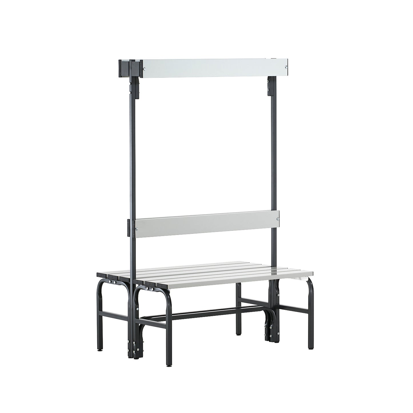 Changing room bench with aluminium slats, HxD 1650 x 725 mm, double sided, length 1015 mm, 6 hooks, charcoal.
