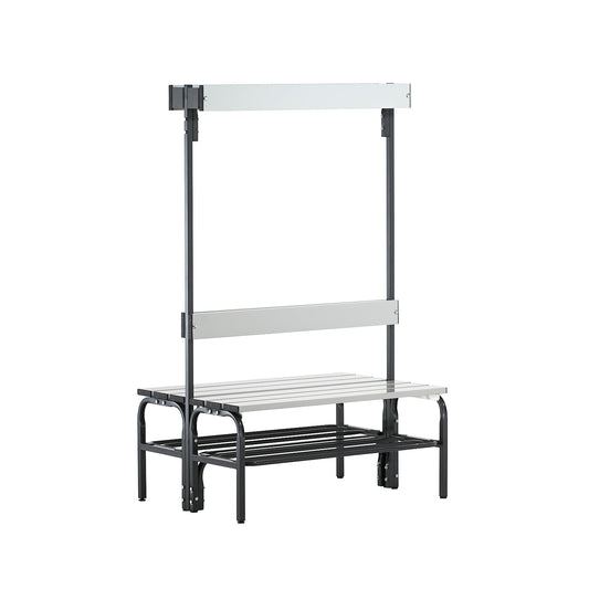 Changing room bench with aluminium slats, HxD 1650 x 725 mm, double sided, length 1015 mm, 6 hooks, charcoal, shoe rack.