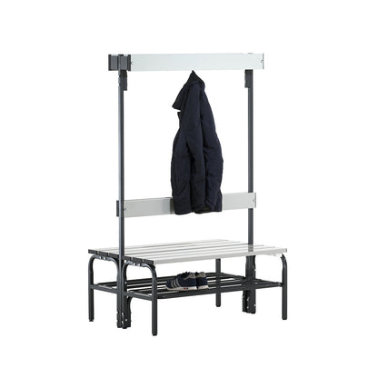 Changing room bench made of stainless steel, HxD 1650 x 725 mm, length 1015 mm, 6 hooks, charcoal, shoe rack.
