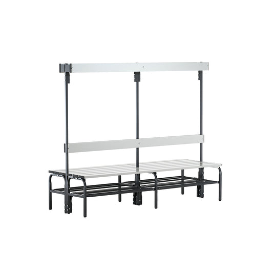 Changing room bench with aluminium slats, HxD 1650 x 725 mm, double sided, length 1500 mm, 12 hooks, charcoal, shoe rack.