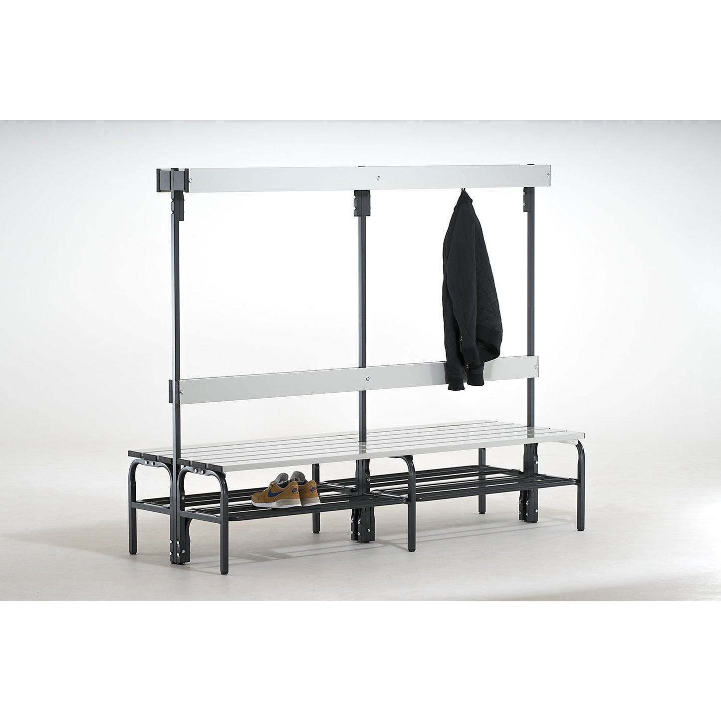 Changing room bench with aluminium slats, HxD 1650 x 725 mm, double sided, length 2000 mm, 12 hooks, charcoal.