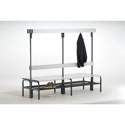Changing room bench with aluminium slats, HxD 1650 x 725 mm, double sided, length 2000 mm, 12 hooks, charcoal.