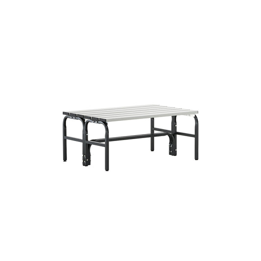 Changing room bench, double sided, aluminium slats, stainless steel frame, length 1015 mm.