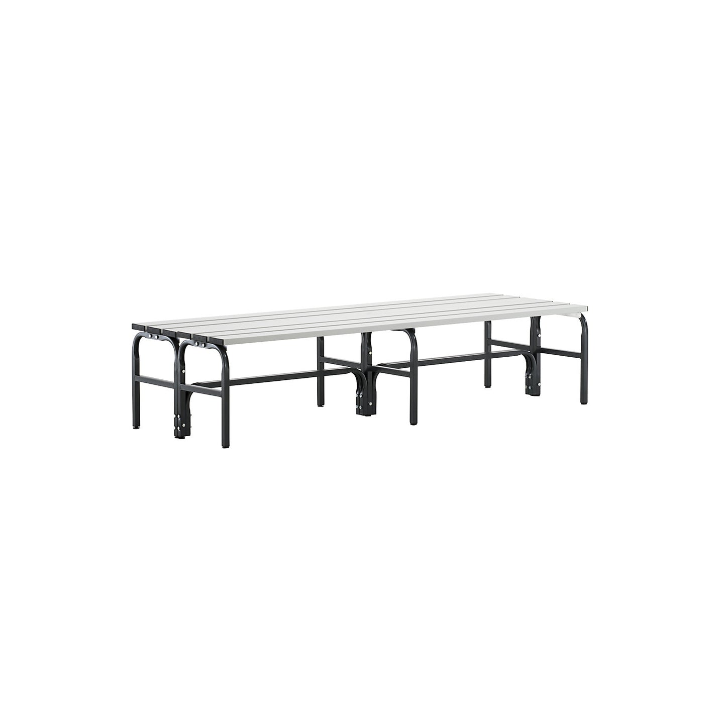 Changing room bench, double sided, aluminium slats, stainless steel frame, length 2000 mm.