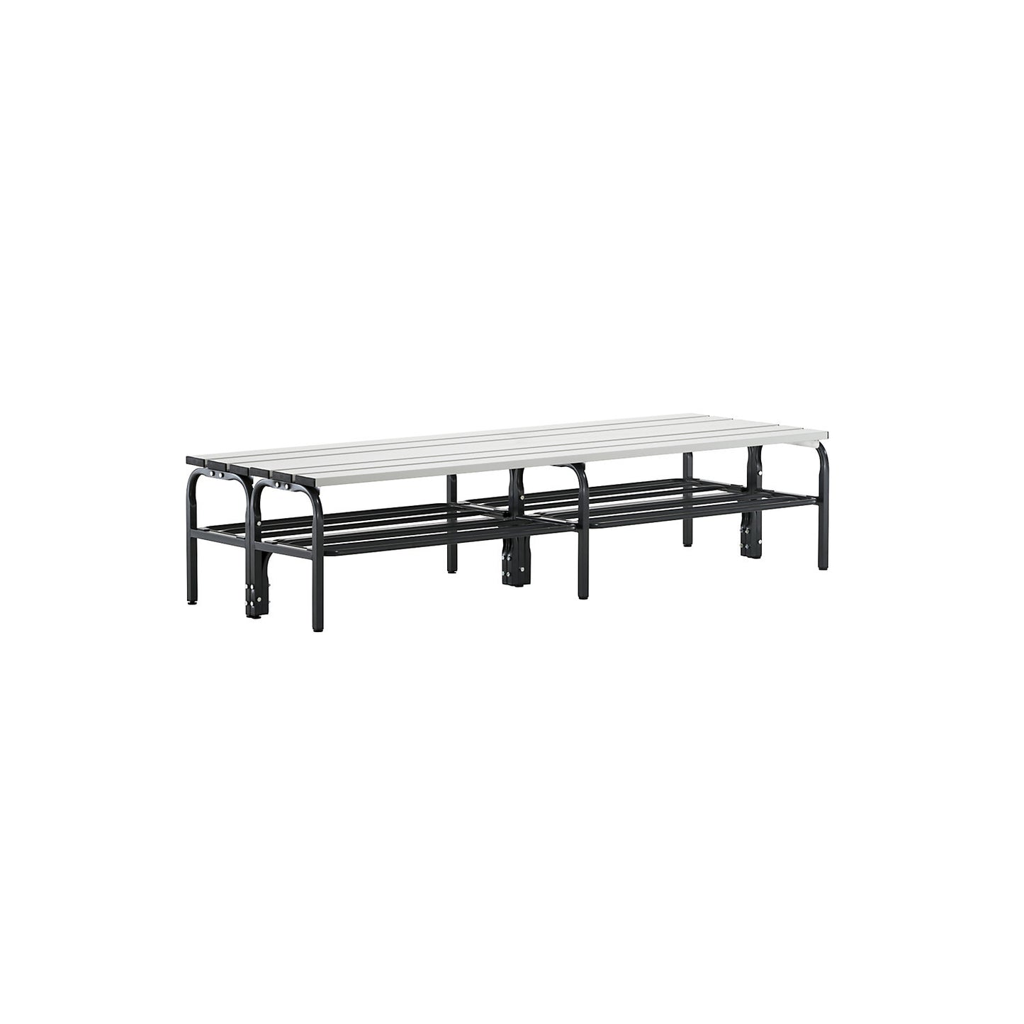 Changing room bench, double sided, aluminium slats, stainless steel frame, length 1500 mm, with shoe rack.