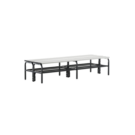 Changing room bench, double sided, aluminium slats, stainless steel frame, length 1500 mm, with shoe rack.