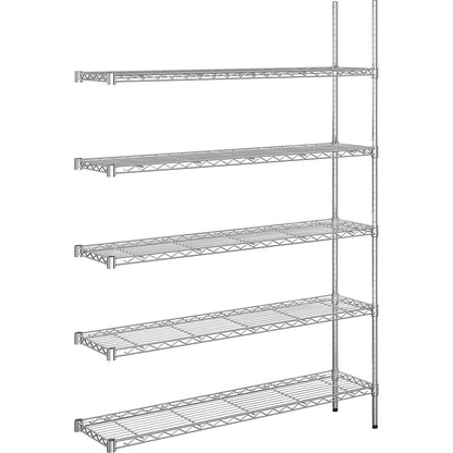 Steel wire mesh shelf unit, chrome plated, max. shelf load 100 kg, WxD 1220 x 360 mm, extension shelf unit, height 1880 mm, 5 shelves.