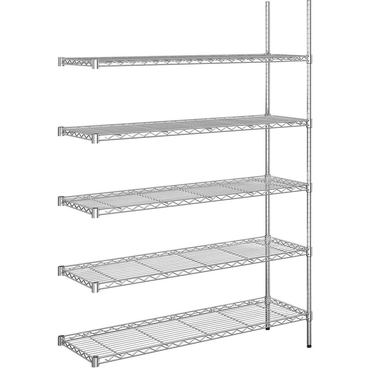 Steel wire mesh shelf unit, chrome plated, max. shelf load 100 kg, WxD 1220 x 460 mm, extension shelf unit, height 1880 mm, 5 shelves.