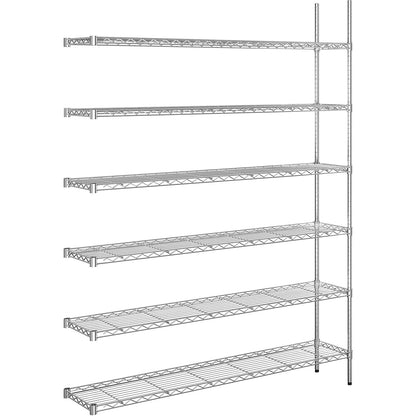 Steel wire mesh shelf unit, chrome plated, max. shelf load 100 kg, WxD 1520 x 360 mm, extension shelf unit, height 2180 mm, 6 shelves.