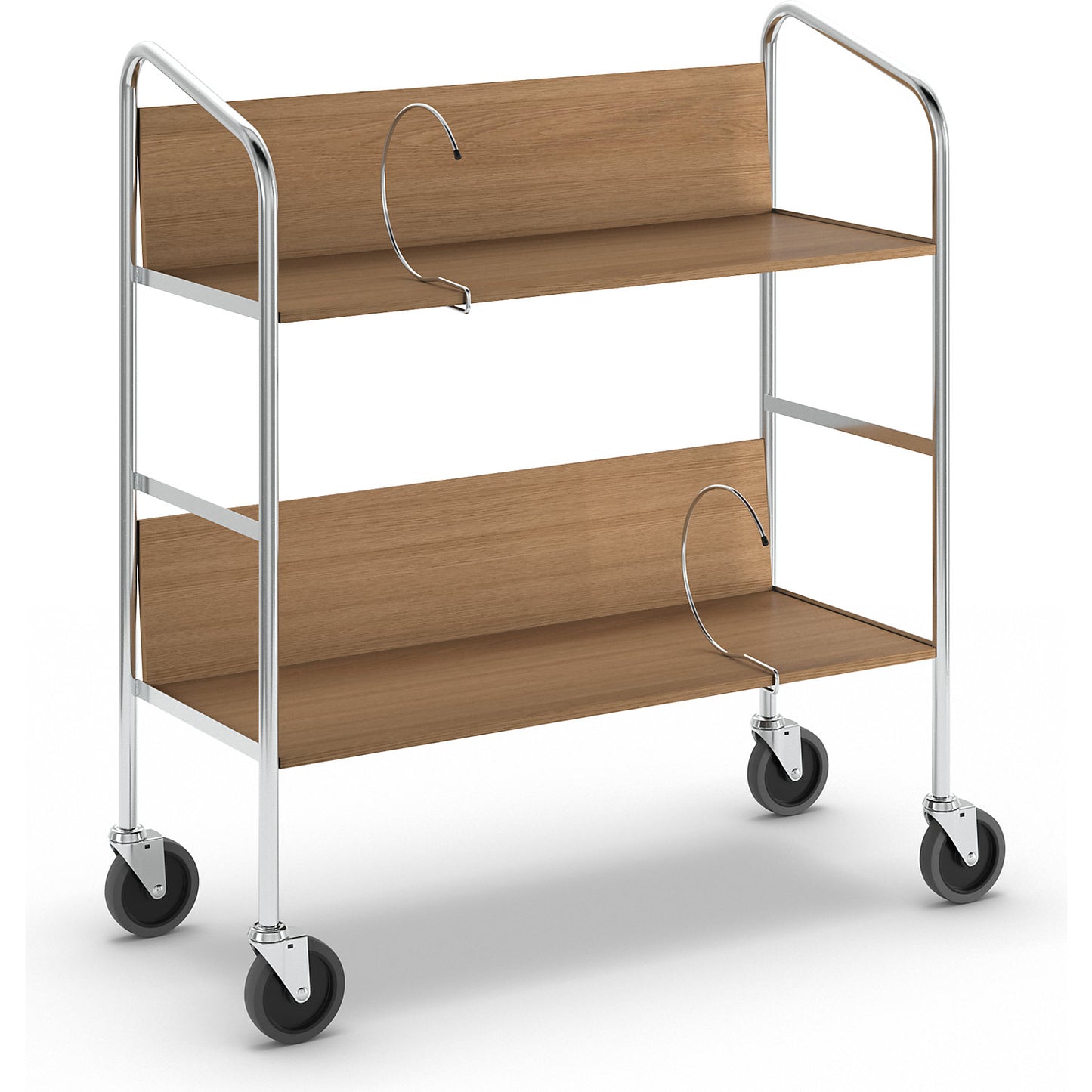 File trolley, chrome plated, 2 shelves, LxWxH 800 x 340 x 840 mm, oak finish.