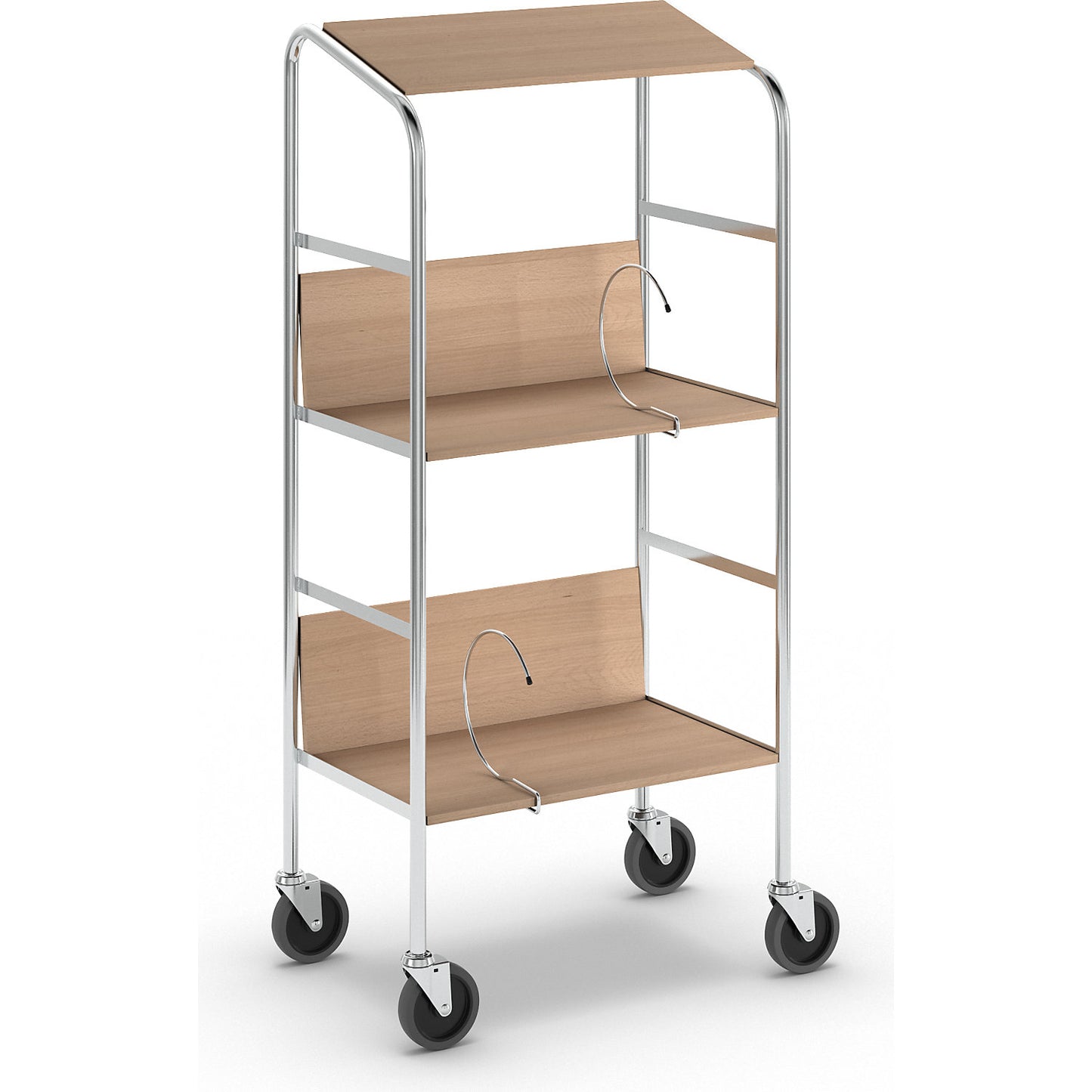 File trolley with top shelf, chrome plated, 3 shelves, LxWxH 550 x 340 x 1060 mm, beech finish.
