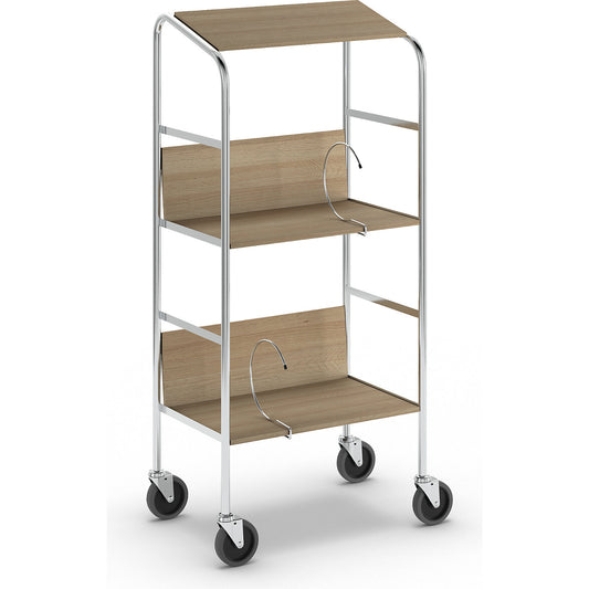 File trolley with top shelf, chrome plated, 3 shelves, LxWxH 550 x 340 x 1060 mm, birch finish.