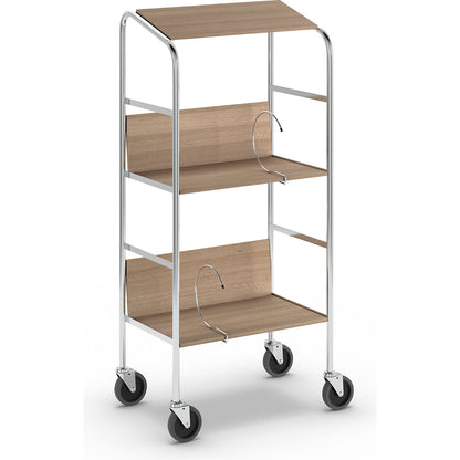 File trolley with top shelf, chrome plated, 3 shelves, LxWxH 550 x 340 x 1060 mm, oak finish.