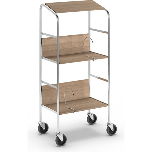 File trolley with top shelf, chrome plated, 3 shelves, LxWxH 550 x 340 x 1060 mm, oak finish.
