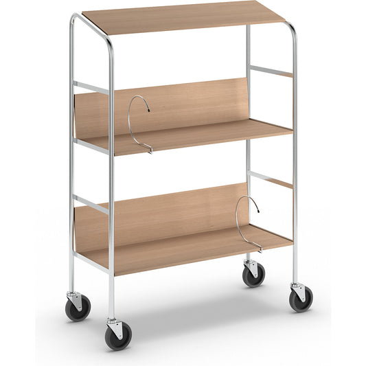 File trolley with top shelf, chrome plated, 3 shelves, LxWxH 800 x 340 x 1060 mm, beech finish.
