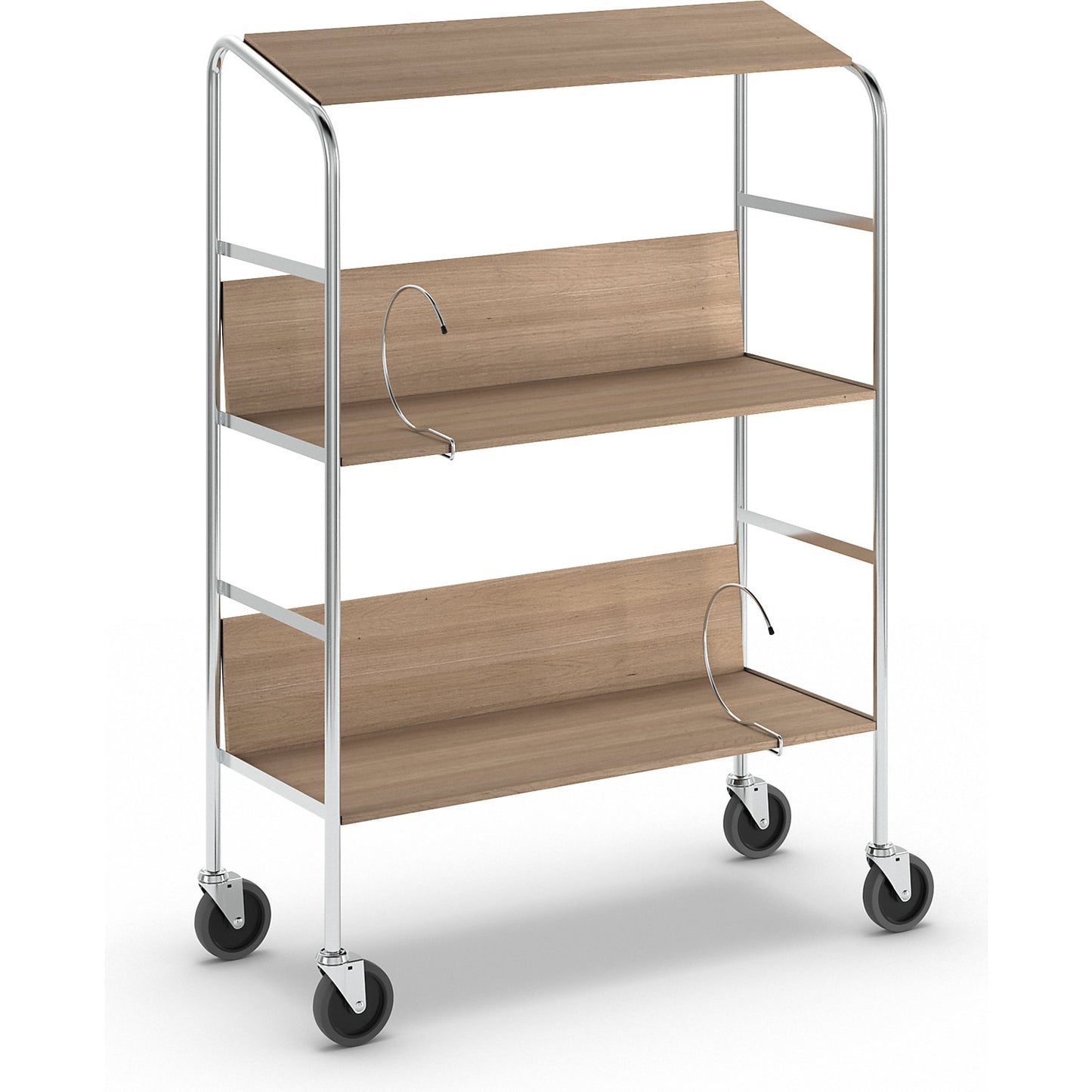 File trolley with top shelf, chrome plated, 3 shelves, LxWxH 800 x 340 x 1060 mm, oak finish.