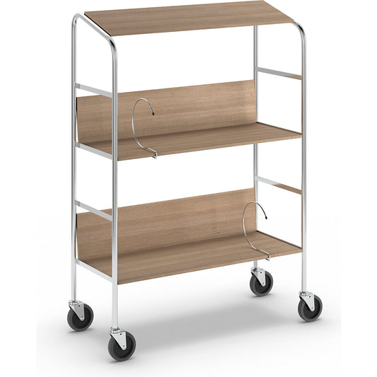 File trolley with top shelf, chrome plated, 3 shelves, LxWxH 800 x 340 x 1060 mm, oak finish.