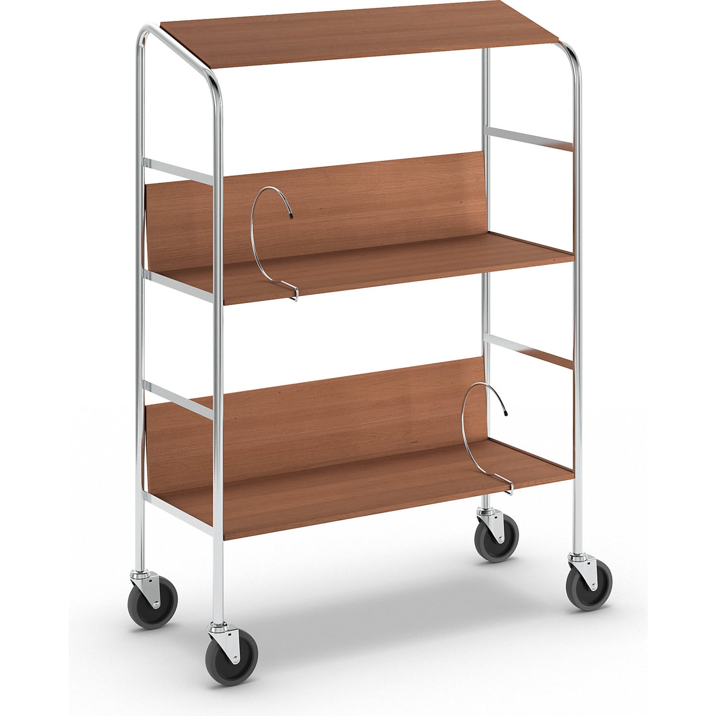 File trolley with top shelf, chrome plated, 3 shelves, LxWxH 800 x 340 x 1060 mm, cherry finish.