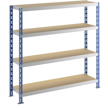 Wide span boltless shelf unit, blue/grey, HxWxD 1508 x 1550 x 400 mm, moulded chipboard shelves, standard shelf unit.
