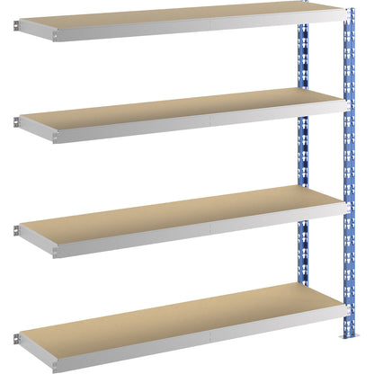 Wide span boltless shelf unit, blue/grey, HxWxD 1508 x 1525 x 400 mm, moulded chipboard shelves, extension shelf unit.
