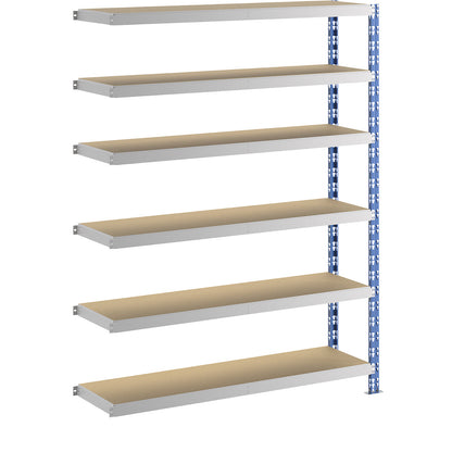 Wide span boltless shelf unit, blue/grey, HxWxD 1976 x 1525 x 400 mm, moulded chipboard shelves, extension shelf unit.