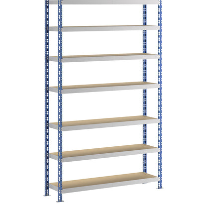 Wide span boltless shelf unit, blue/grey, HxWxD 2522 x 1550 x 400 mm, moulded chipboard shelves, standard shelf unit.