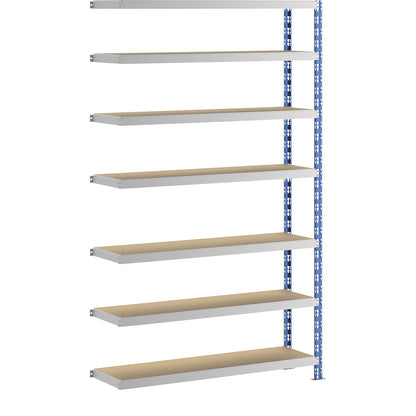 Wide span boltless shelf unit, blue/grey, HxWxD 2522 x 1525 x 400 mm, moulded chipboard shelves, extension shelf unit.
