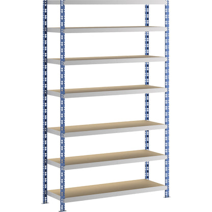 Wide span boltless shelf unit, blue/grey, HxWxD 2522 x 1550 x 500 mm, moulded chipboard shelves, standard shelf unit.