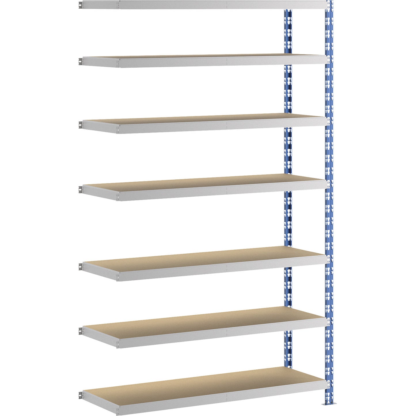 Wide span boltless shelf unit, blue/grey, HxWxD 2522 x 1525 x 500 mm, moulded chipboard shelves, extension shelf unit.