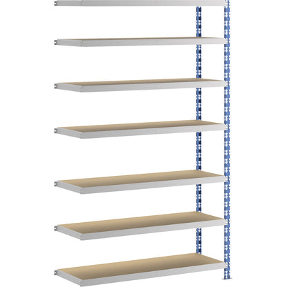 Wide span boltless shelf unit, blue/grey, HxWxD 2522 x 1525 x 500 mm, moulded chipboard shelves, extension shelf unit.