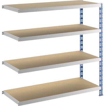 Wide span boltless shelf unit, blue/grey, HxWxD 1508 x 1525 x 600 mm, moulded chipboard shelves, extension shelf unit.