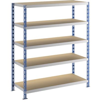 Wide span boltless shelf unit, blue/grey, HxWxD 1820 x 1550 x 600 mm, moulded chipboard shelves, standard shelf unit.