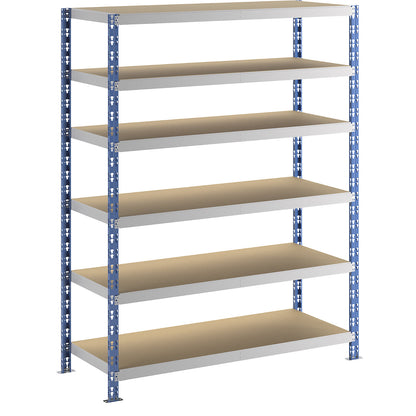 Wide span boltless shelf unit, blue/grey, HxWxD 1976 x 1550 x 600 mm, moulded chipboard shelves, standard shelf unit.