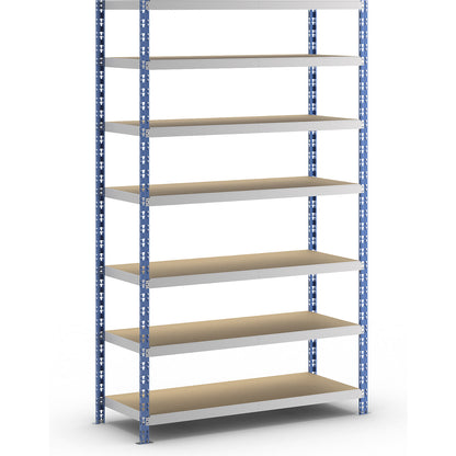 Wide span boltless shelf unit, blue/grey, HxWxD 2522 x 1550 x 600 mm, moulded chipboard shelves, standard shelf unit.