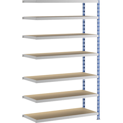 Wide span boltless shelf unit, blue/grey, HxWxD 2522 x 1525 x 600 mm, moulded chipboard shelves, extension shelf unit.