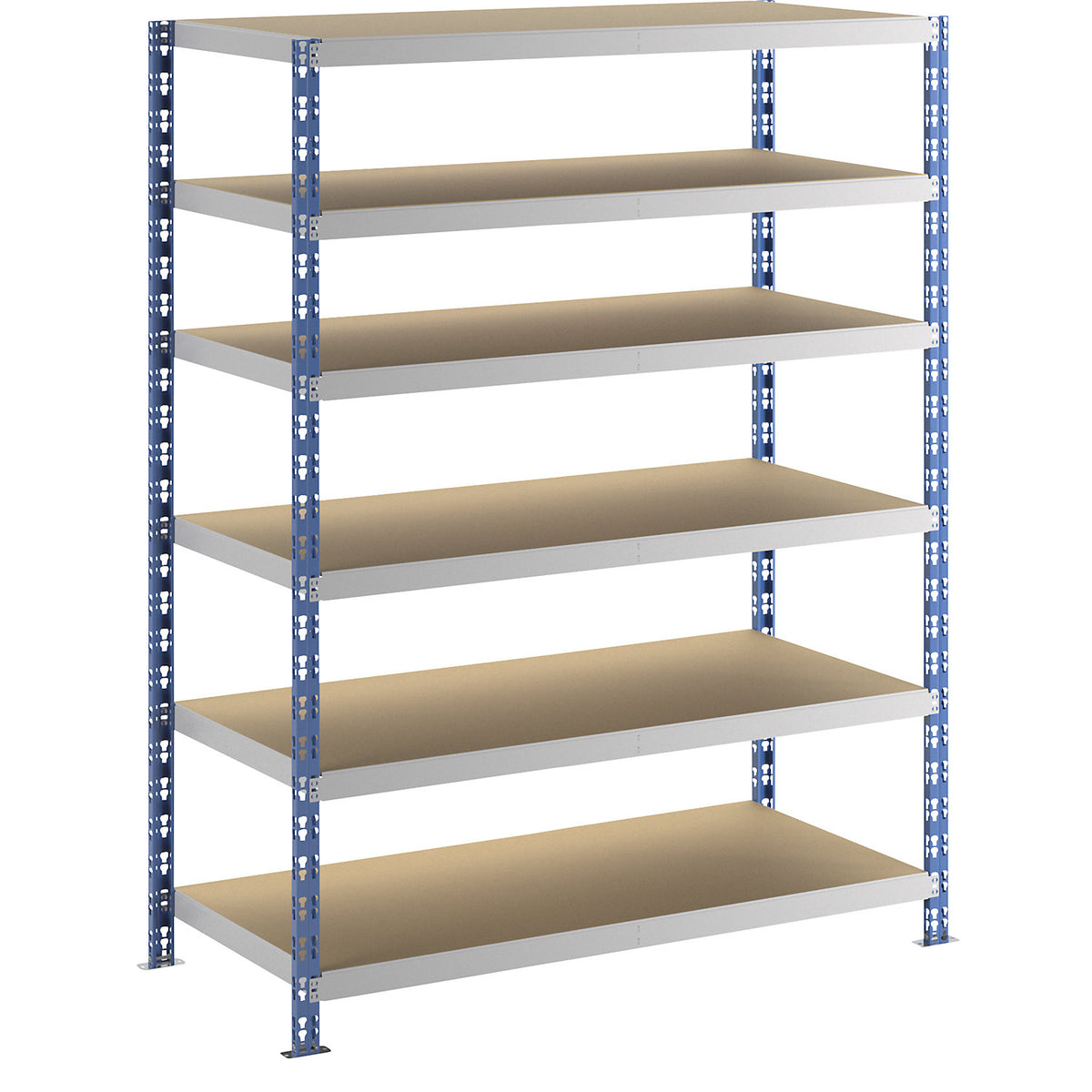 Wide span boltless shelf unit, blue/grey, HxWxD 1976 x 1550 x 700 mm, moulded chipboard shelves, standard shelf unit.