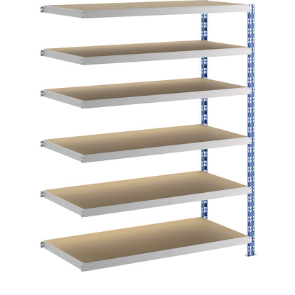 Wide span boltless shelf unit, blue/grey, HxWxD 1976 x 1525 x 700 mm, moulded chipboard shelves, extension shelf unit.