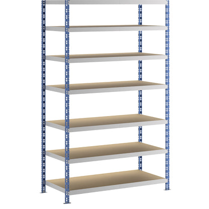 Wide span boltless shelf unit, blue/grey, HxWxD 2522 x 1550 x 700 mm, moulded chipboard shelves, standard shelf unit.