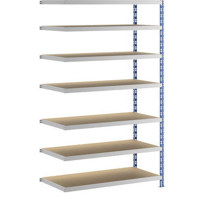 Wide span boltless shelf unit, blue/grey, HxWxD 2522 x 1525 x 700 mm, moulded chipboard shelves, extension shelf unit.