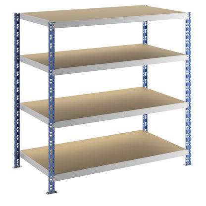 Wide span boltless shelf unit, blue/grey, HxWxD 1508 x 1550 x 800 mm, moulded chipboard shelves, standard shelf unit.